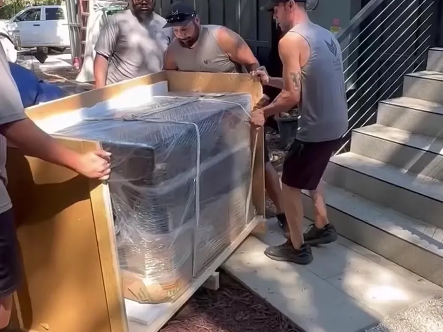 Guiding a wrapped piece past outdoor stairs
